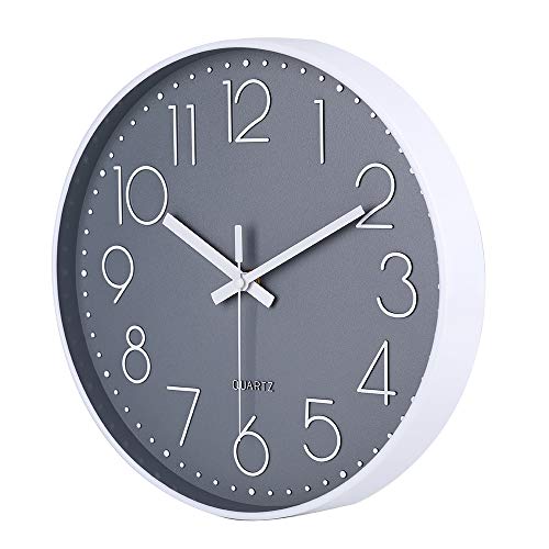jomparis Reloj de pared moderno,grandes decorativos Silencioso interior reloj de cuarzo de cuarzo redondo No-ticking para sala de estar,panel gris marco blanco, funciona con pilas, ,30 cm diámetro,