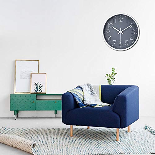 jomparis Reloj de pared moderno,grandes decorativos Silencioso interior reloj de cuarzo de cuarzo redondo No-ticking para sala de estar,panel gris marco blanco, funciona con pilas, ,30 cm diámetro,