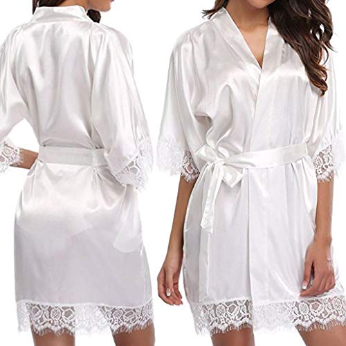 JOYKK Camisón de Media Manga de Seda de Hielo de Verano para Mujer Sexy pestañas de Encaje Patchwork Short Kimono Robe Ropa de Dormir con cinturón sólido con Bolsillos - Negro