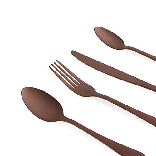Juego Cubiertos 4 en Acero Inoxidable Color Cobre Mate – Pack Set de Cubertería Cuchara Tenedor Cuchillo Cucharita - Estilo de Líneas Rectas – Vintage Moderno Retro Chic Diseño Viking 21*25cm.