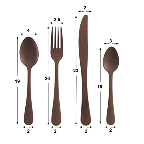Juego Cubiertos 4 en Acero Inoxidable Color Cobre Mate – Pack Set de Cubertería Cuchara Tenedor Cuchillo Cucharita - Estilo de Líneas Rectas – Vintage Moderno Retro Chic Diseño Viking 21*25cm.