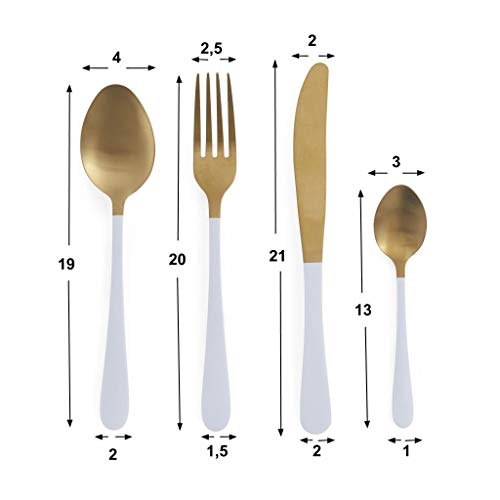 Juego Cubiertos 4 en Acero Inoxidable Color Dorado y Blanco – Pack Set de Cubertería Cuchara Tenedor Cuchillo - Estilo de Líneas Rectas – Vintage Moderno Retro Must 21 * 25cm.