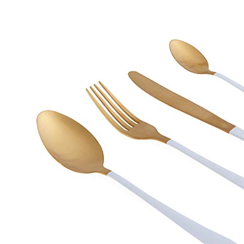 Juego Cubiertos 4 en Acero Inoxidable Color Dorado y Blanco – Pack Set de Cubertería Cuchara Tenedor Cuchillo - Estilo de Líneas Rectas – Vintage Moderno Retro Must 21 * 25cm.