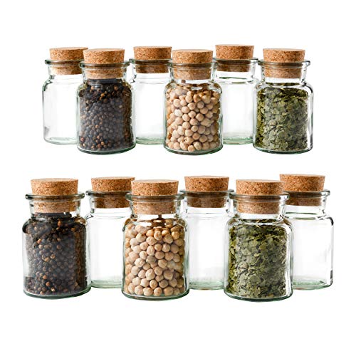 Juego de 12 tarros para condimientos de Mambocat, capacidad 150ml, vidrio reutizable con tapa de corcho, vidrio redondo de alta calidad para conservar hierbas, té y condimientos