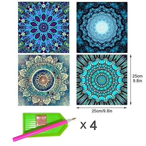 Juego de 4 kits de pintura de diamantes 5D para bricolaje, herramientas de pintura con mandala, flores y diamantes de imitación, cuadros coloridos, decoración de pared para sala de estar 25 x 25 cm
