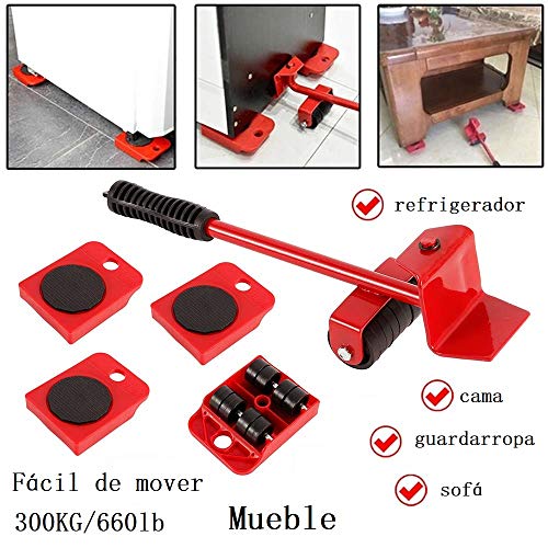Juego de 5 Piezas Transportador de Muebles con Ruedas Elevador Herramienta de Elevación de Muebles Pesados Portátil para Mover Mobiliario para el Hogar