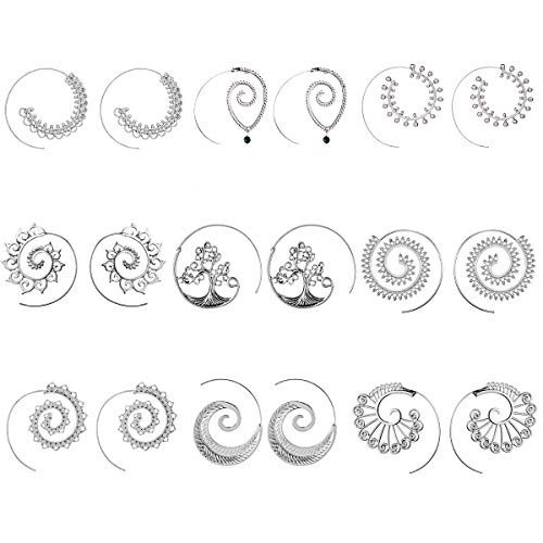 Juego de 9 pares de pendientes de aro en espiral de plata, estilo bohemio, clásico, para mujer
