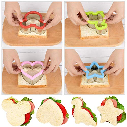 Juego de cortadores de sándwich para niños, cortadores de pan de 4 piezas de Mickey Mouse, dinosaurio, estrella, forma de corazón y cortador de frutas vegetales de 6 piezas para el almuerzo