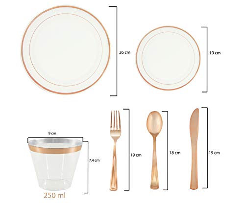 Juego de cubertería con platos dorados, vasos y cubiertos de plástico, 150 piezas oro rosa