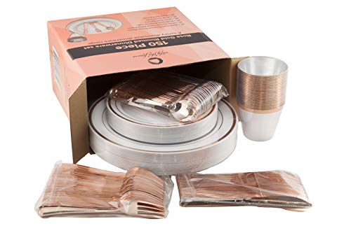 Juego de cubertería con platos dorados, vasos y cubiertos de plástico, 150 piezas oro rosa