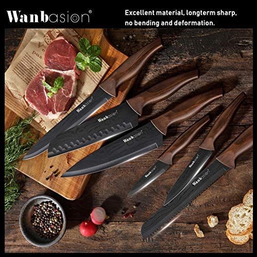 Juego de cuchillos de cocina Wanbasion de acero inoxidable chapado en titanio negro mate, juego de cuchillos de cocina profesional, apto para lavavajillas, con estilo Damasco Estilo Damasco