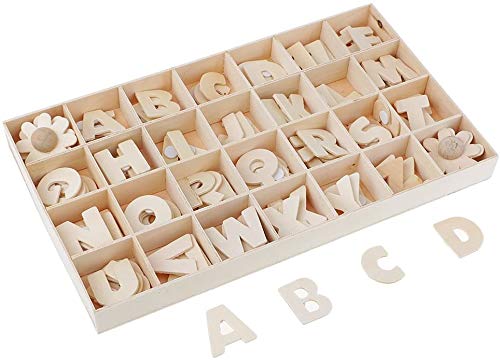 Juego de letras y flores de madera de 112 piezas, letras mayúsculas de madera pequeñas con bandeja de almacenamiento, letras de madera para manualidades, madera natural suave para manualidades, decora