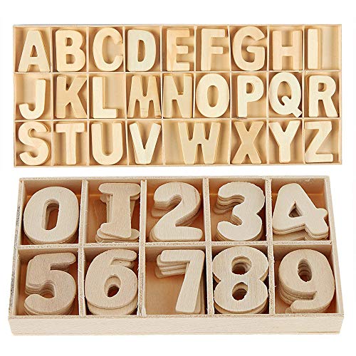 Juego de letras y números de madera de 216 pcs - Letras mayúsculas de madera con bandeja de almacenamiento - Letras de madera de alfabeto para manualidades con números de madera natural suave