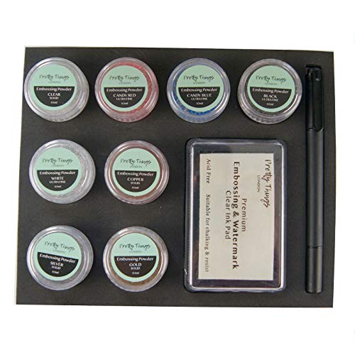Juego de polvos para repujado, 8 polvos de purpurina para repujado, almohadilla de tinta transparente, bolígrafo de doble punta | Pretty Things London