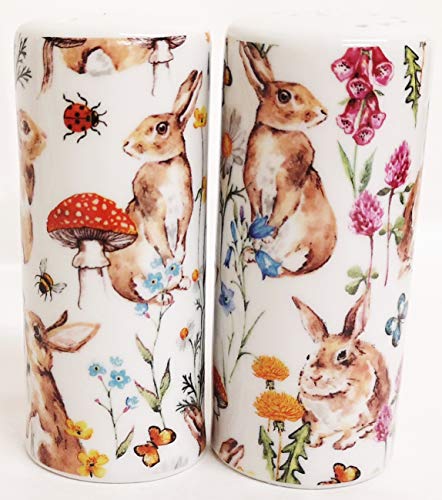 Juego de salero y pimentero redondo de porcelana, diseño de conejo y flores, decorado a mano en Reino Unido
