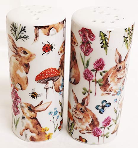 Juego de salero y pimentero redondo de porcelana, diseño de conejo y flores, decorado a mano en Reino Unido