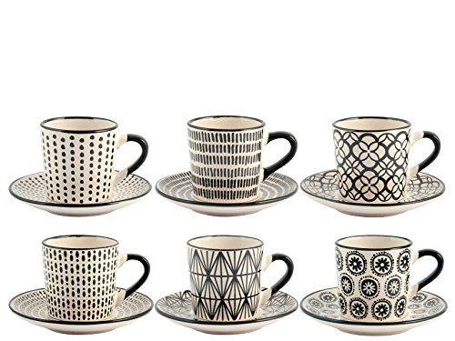 Juego de Seis Tazas de café STW Decoración, Negras con Plato, 90 CC Porcelana H & H