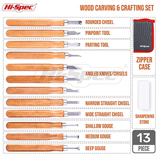 Juego de talla y elaboración de figuras en madera Hi-Spec de 13 piezas para tallado de virutas, figuras en relieve y tallado de piezas. Ideal para manualidades y para los aficionados al bricolaje