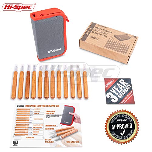 Juego de talla y elaboración de figuras en madera Hi-Spec de 13 piezas para tallado de virutas, figuras en relieve y tallado de piezas. Ideal para manualidades y para los aficionados al bricolaje