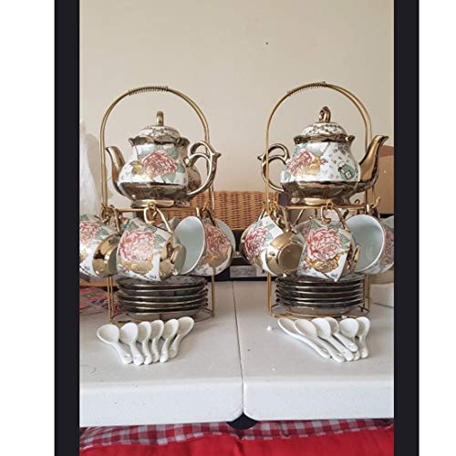 Juego De Té De Cerámico Clásico Europeo, Exquisita Flor Borde Dorado Juego De Té De Porcelana Juego De Café Vintage Con Soporte De Metal, Para Regalo, La Boda, La Familia Y La Oficina