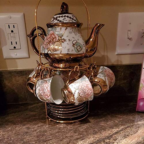 Juego De Té De Cerámico Clásico Europeo, Exquisita Flor Borde Dorado Juego De Té De Porcelana Juego De Café Vintage Con Soporte De Metal, Para Regalo, La Boda, La Familia Y La Oficina
