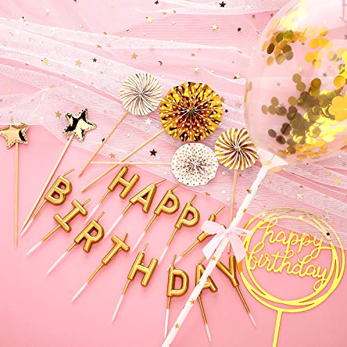 Juego de Topper de Tarta de Cumpleaños Dorado Topper de Magdalena de Happy Birthday Velas de Tartas de Letras Toppers de Globos con Confeti Estrellas y Abanicos 12 Adornos de Pastel de Cumpleaños