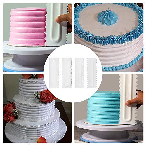JUNSHUO 4 Piezas Raspador para Tartas, Espátulas/Peine de Plástico para Decoración de Pasteles Crema, 8 Diseño Texturas, Crema Suave Pastel Bordes Corta Cortador, Tartas Hornear Herramienta