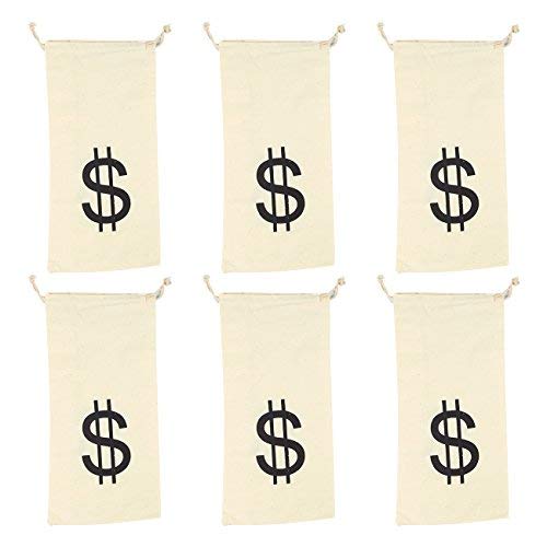 Juvale 6 bolsas grandes de dinero falsas con cordón con diseño de signo de dólar, bolsa de transporte para fiesta humorística, color crema, roble, 6.1 x 12.9 pulgadas