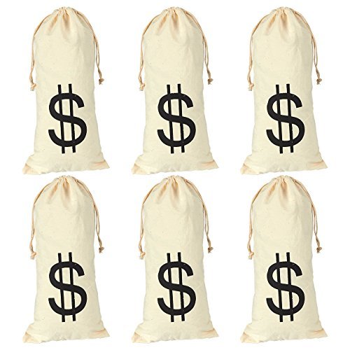 Juvale 6 bolsas grandes de dinero falsas con cordón con diseño de signo de dólar, bolsa de transporte para fiesta humorística, color crema, roble, 6.1 x 12.9 pulgadas