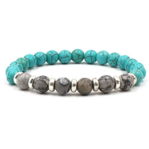 JXKA Pulsera Hombre Punk Pulsera Turquesa de 8 mm Piedra Natural Fruta Azul Pulsera de Piedra del Emperador Verde-Alabastro