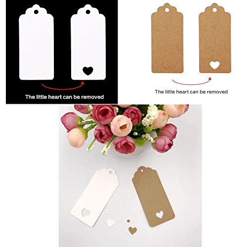 JZK 100 Blanco y 100 marrón corazón etiquetas regalo papel kraft + 40m cuerda juta, etiquetas precio equipaje regalo para boda fiesta cumpleaños caja favor bolso caja regalo diy marcador