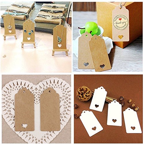 JZK 100 Blanco y 100 marrón corazón etiquetas regalo papel kraft + 40m cuerda juta, etiquetas precio equipaje regalo para boda fiesta cumpleaños caja favor bolso caja regalo diy marcador