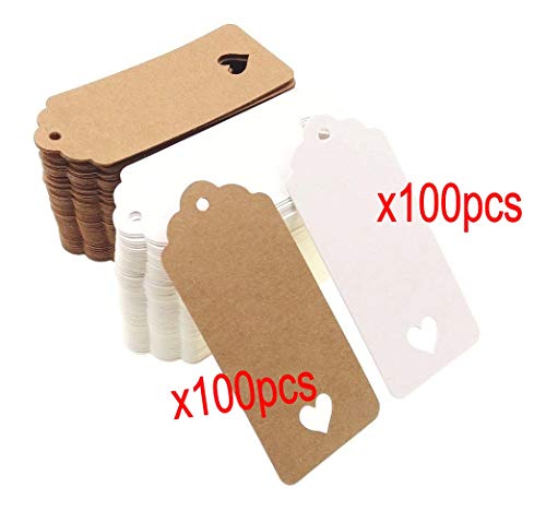 JZK 100 Blanco y 100 marrón corazón etiquetas regalo papel kraft + 40m cuerda juta, etiquetas precio equipaje regalo para boda fiesta cumpleaños caja favor bolso caja regalo diy marcador