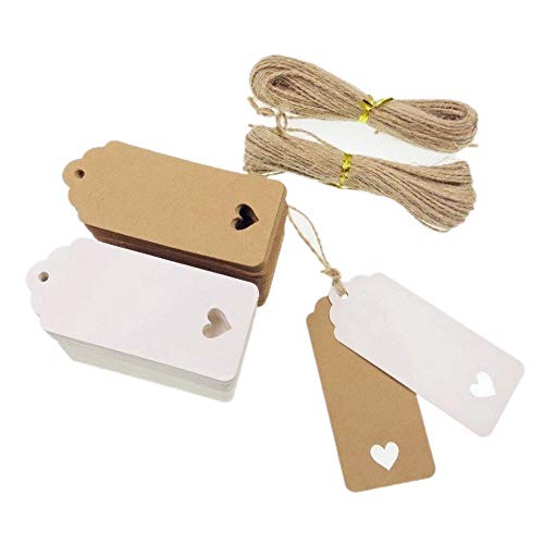 JZK 100 Blanco y 100 marrón corazón etiquetas regalo papel kraft + 40m cuerda juta, etiquetas precio equipaje regalo para boda fiesta cumpleaños caja favor bolso caja regalo diy marcador
