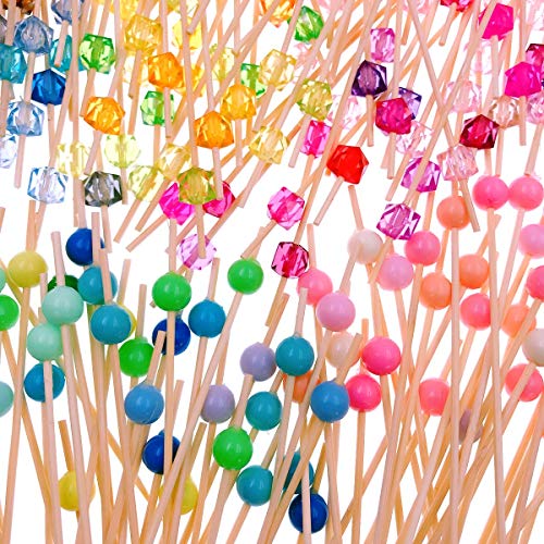 JZK 200 x Palillos de cóctel de bambú con Cuentas de acrílico de Colores 12cm palillo de Dientes Largo cócteles decoración para Fiesta Tapas sándwiches brocheta de Frutas canapés Aperitivo