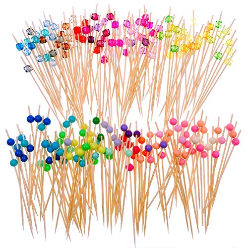 JZK 200 x Palillos de cóctel de bambú con Cuentas de acrílico de Colores 12cm palillo de Dientes Largo cócteles decoración para Fiesta Tapas sándwiches brocheta de Frutas canapés Aperitivo