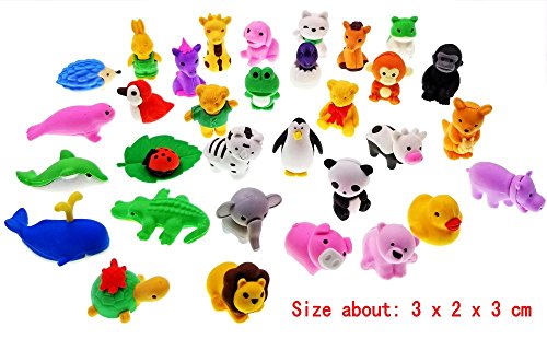 JZK 32 x Gomas borrar Animal pequeño Borrador Juguete Desmontable para niños Regalo Fiesta de cumpleaños Navidad Oficina Escuela papeleria Suministros