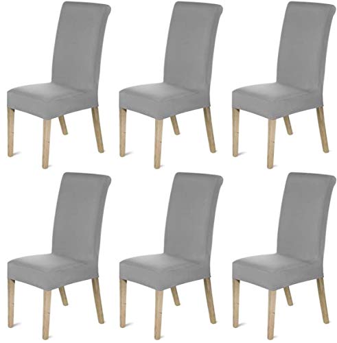 KAHEIGN Paquete De 6 Fundas Para Sillas, Moderno Elástico Tramo Protector De Silla Retirable Lavable Funda De Asiento Con Elastic Edge Para Hotel Decoración Parte Boda Hogar Cocina Comedor (Gris)