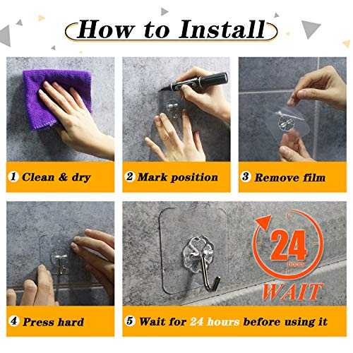 kaoku Adhesive Strong Nail Free Reusable transparente Heavy Duty Bathroom Kitchen Door Hook Ceiling Hanger, Waterproof & oilpr impermeable, 10 Pack (10 kg/22 libras Max)