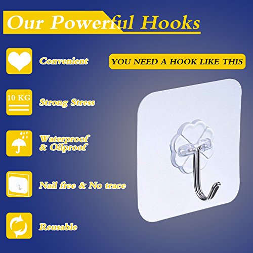 kaoku Adhesive Strong Nail Free Reusable transparente Heavy Duty Bathroom Kitchen Door Hook Ceiling Hanger, Waterproof & oilpr impermeable, 10 Pack (10 kg/22 libras Max)
