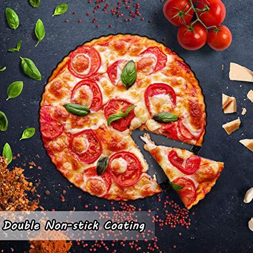 KATELUO 3 Piezas Molde para Pizza con Agujeros, Bandeja para Hornear Pizza con Base Desmontable,Recubrimiento Antiadherente,Negro,Acero al Carbono-Ø 12.7/20.3/22.8 CM