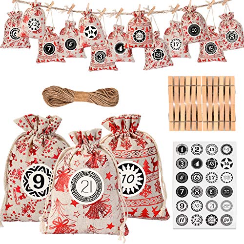 KATELUO Calendario de Adviento, Bolsa de Calendario de Adviento,Bolsas de Regalo Navidad Calendario de Adviento,Bolsa de Regalo Navidad, Arbol de Navidad Decoracion, 24pcs