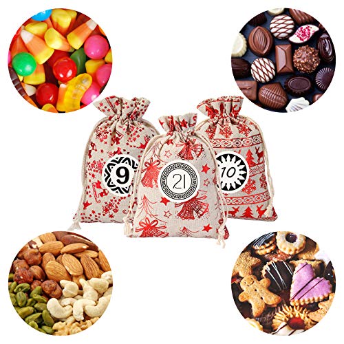 KATELUO Calendario de Adviento, Bolsa de Calendario de Adviento,Bolsas de Regalo Navidad Calendario de Adviento,Bolsa de Regalo Navidad, Arbol de Navidad Decoracion, 24pcs