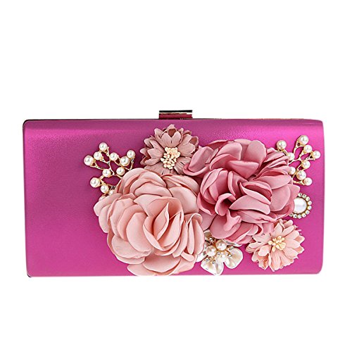 keland Bolso de mano de noche de flores de satén para mujer Embrague Perla moldeada (Rosa Roja)