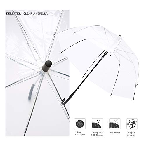 Kelinter Paraguas Transparente - 8 Varillas Reforzadas Grandes - Resistente a la Intemperie, Robusto y Ligero - Cubierta Transparente Tipo Campana, Diseno Bonitos para Fotos de Boda y Fiestas