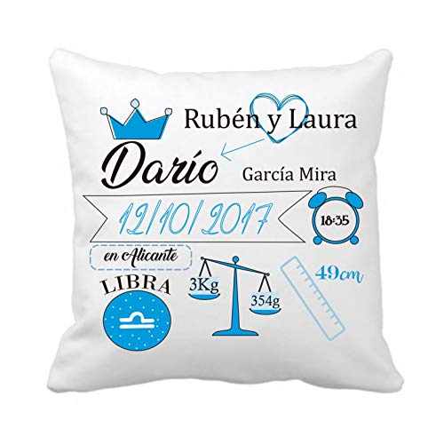 Kembilove Pack Natalicio Cojín Personalizado mas Marco con Lamina Personalizada - Pack Natalicio Personalizado con Nombre y Fecha Nacimiento - Regalo Original para recién Nacidos