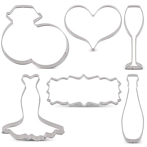 KENIAO Boda Cortadores Galletas para Compromiso - 6 Piezas - Anillos de Boda, Corazon, Vestido de Novia, Placa, Champán y Copa de Champagne Moldes Galletas - Acero Inoxidable