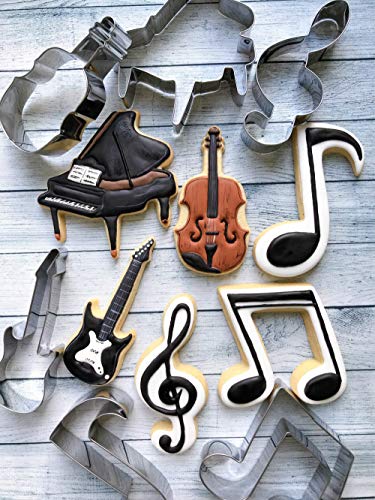 KENIAO Music Cookie Cutter Set – 6 piezas – Violín, Piano, Guitarra Eléctrica, Nota Musical, GClef y Octava Nota Galleta Fondnat Cortadores – Acero Inoxidable