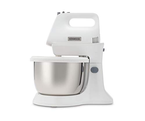 Kenwood Chefette Metal HMP34.A0WH - Batidora/amasadora de varillas con bol rotativo de metal, 450 W, 5 velocidades + turbo, varillas batidoras y ganchos para amasar, blanco