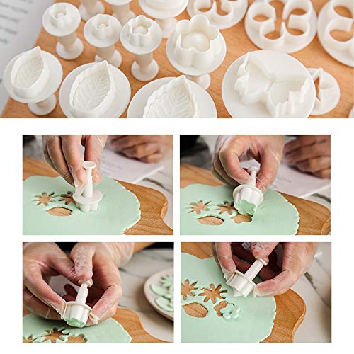 KEPEAK Nuevas Hornear de Molde, 33pcs Cortadores de Embolo de Fondant, DIY Decoración de Pasteles de Galletas, Flor/Corazón/Mariposa/Estrella Herramientas para Dar Forma a Chocolate